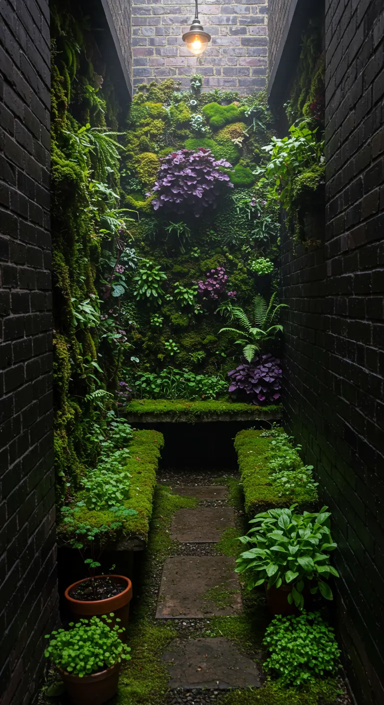 A narrow, dark brick alleyway transformed into a lush moss garden with a small stone bench.
