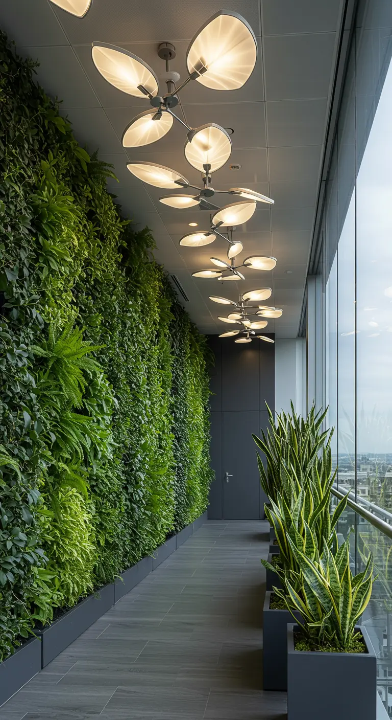 An indoor corridor with a massive living wall of ferns and a modern leaf-shaped ceiling light.