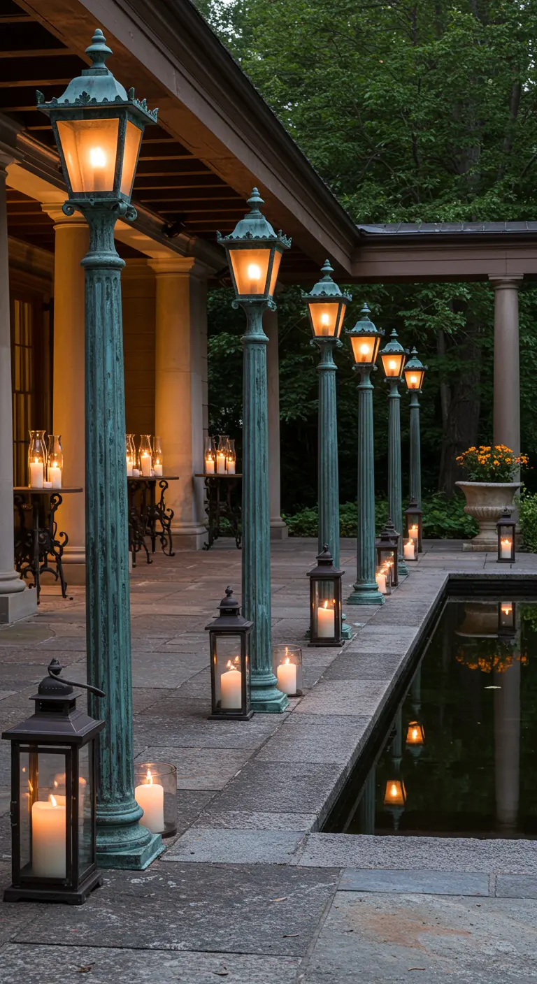 Verdigris lampposts and black floor lanterns illuminate a grand stone veranda by a pool.