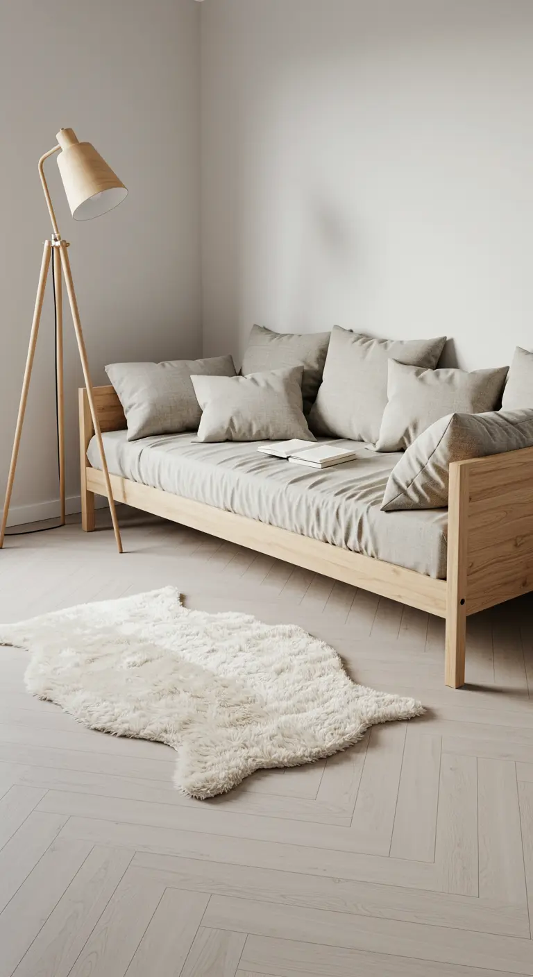 A Scandinavian daybed with neutral pillows and a wooden tripod floor lamp.