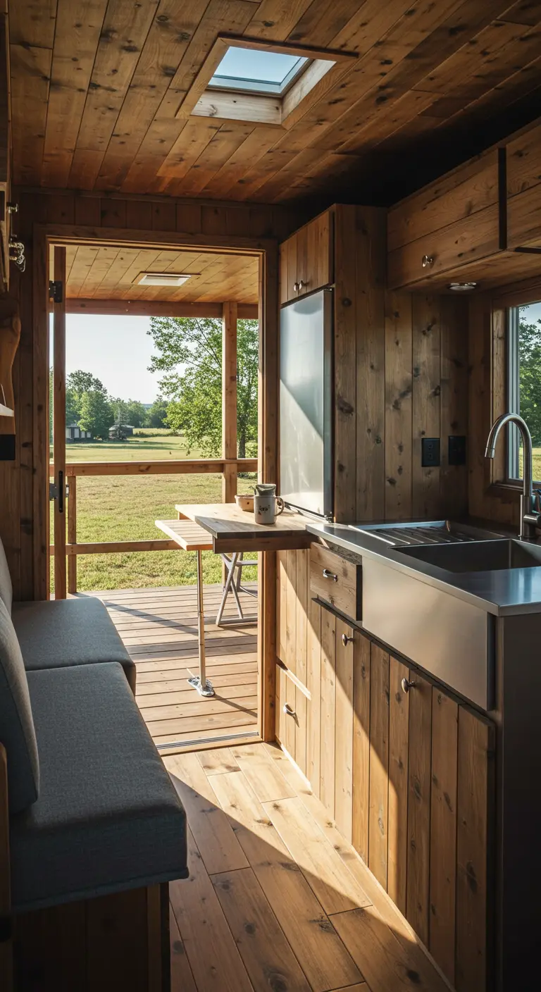 Tiny home interior with a small sofa and a flip-up wooden table by an open wall.