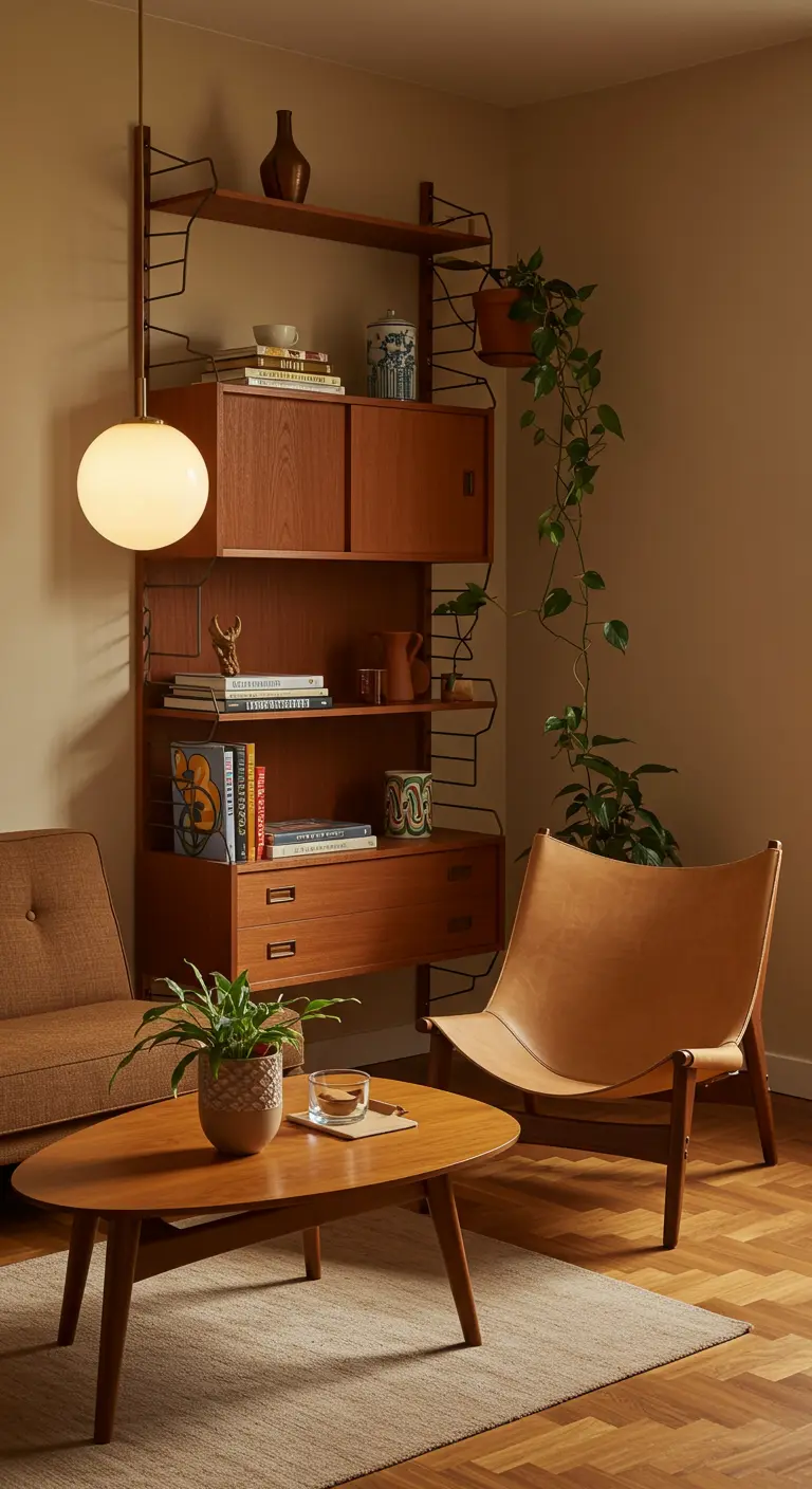 Mid-century modern corner with a teak modular wall unit, leather chair, and globe pendant light.