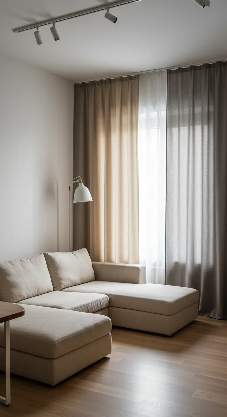 A window with layered sheer and opaque neutral-toned curtains.