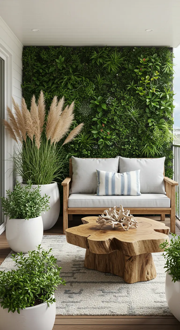 A balcony with a lush green living wall, a wood sofa, and a driftwood coffee table.