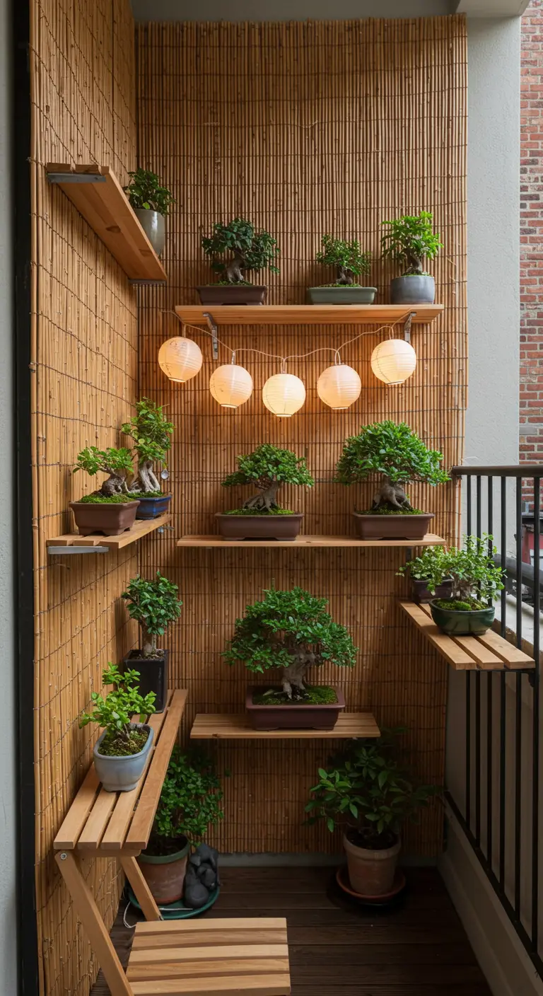 Narrow balcony with shelves holding a collection of bonsai trees against a bamboo wall.