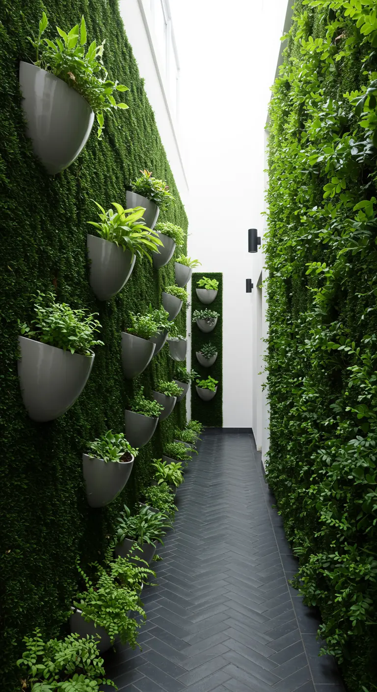 Narrow walkway flanked by lush living walls and modern grey wall-mounted planters.