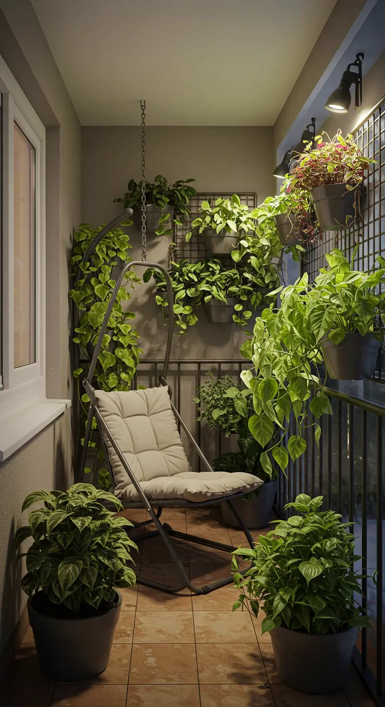 A narrow balcony with a hanging chair and a vertical garden on a grid trellis.