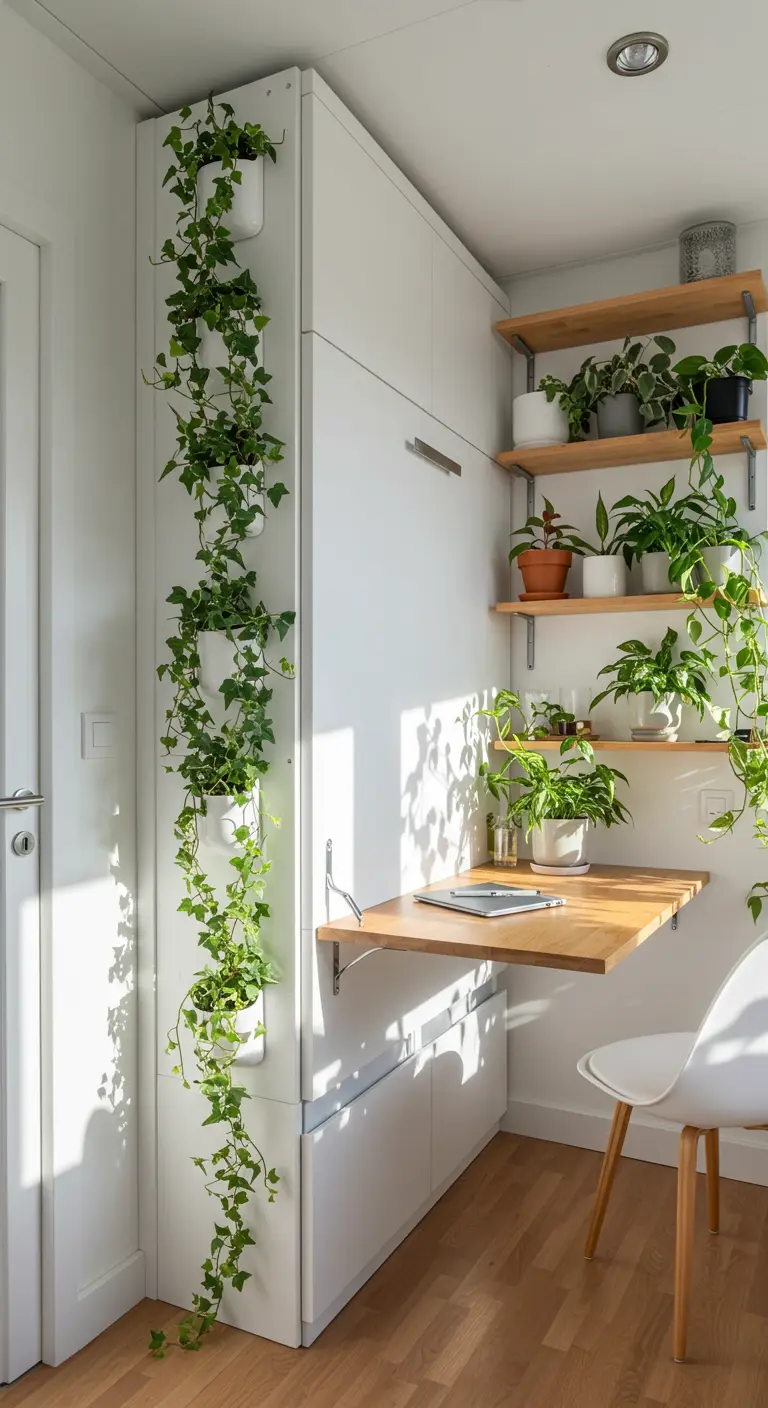 A white Murphy bed and desk unit with trailing plants hanging down the side.