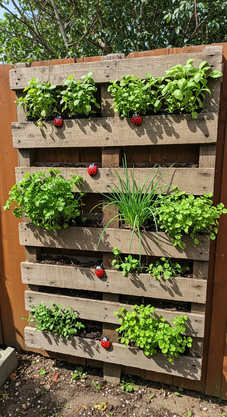 Small painted ladybugs attached to the slats of a vertical pallet herb garden.