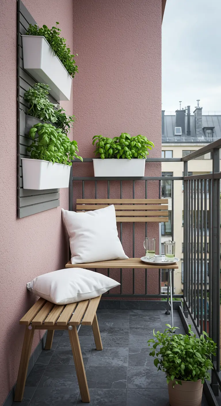 A small balcony with a wood bench and a vertical wall planter filled with fresh herbs.