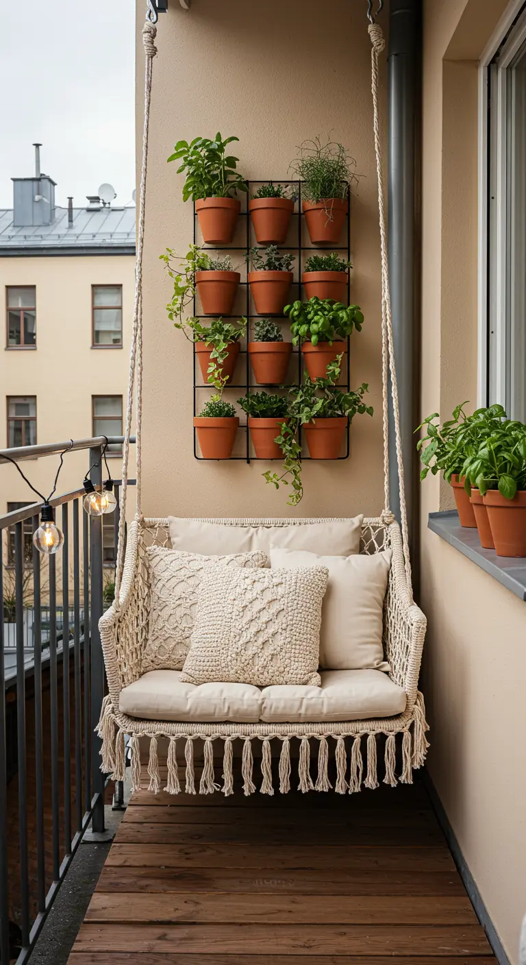 Macramé swing on a small balcony with a vertical wall garden of herbs.