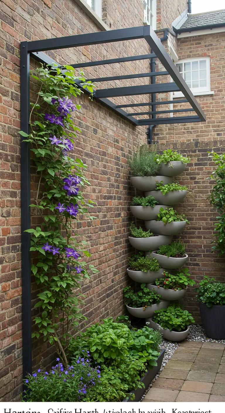 A corner herb garden with a black pergola and a wall of stacked planters next to a brick wall.