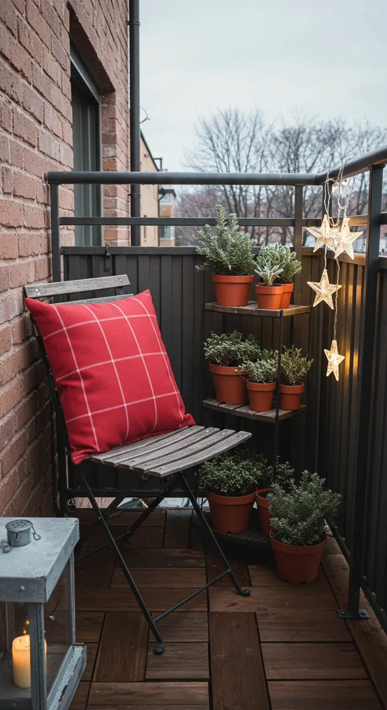 A small balcony with a folding chair, red plaid pillow, and a tiered stand of winter herbs.