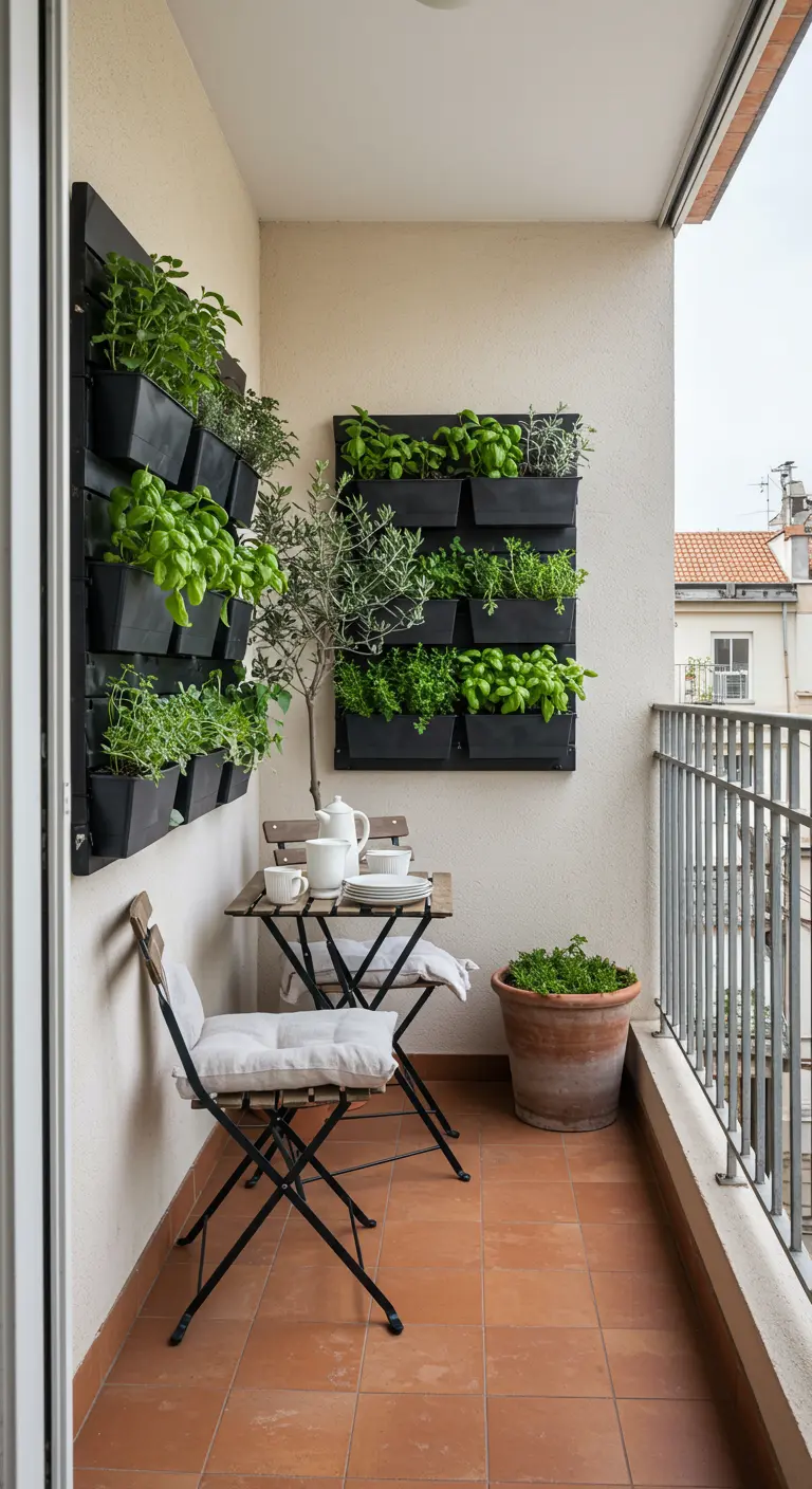 A narrow balcony with vertical wall planters full of fresh herbs next to a bistro set.