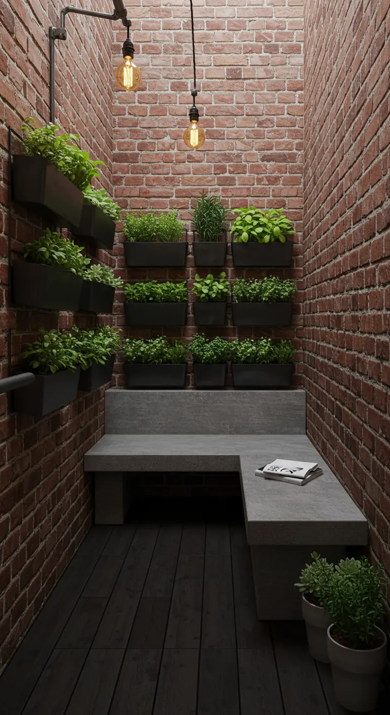A narrow brick courtyard with a vertical herb garden above a concrete bench.