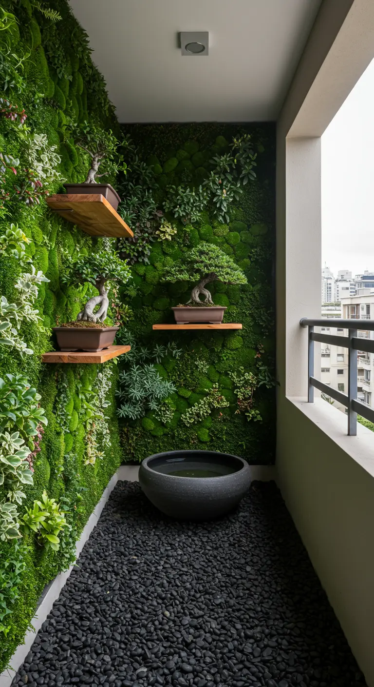 Narrow balcony with a dense living wall, floating shelves with bonsais, and black pebbles.
