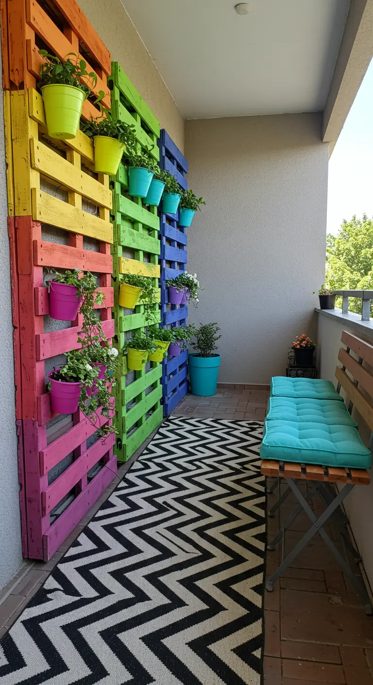 Rainbow-painted pallets on a balcony wall holding small potted plants above a chevron rug.