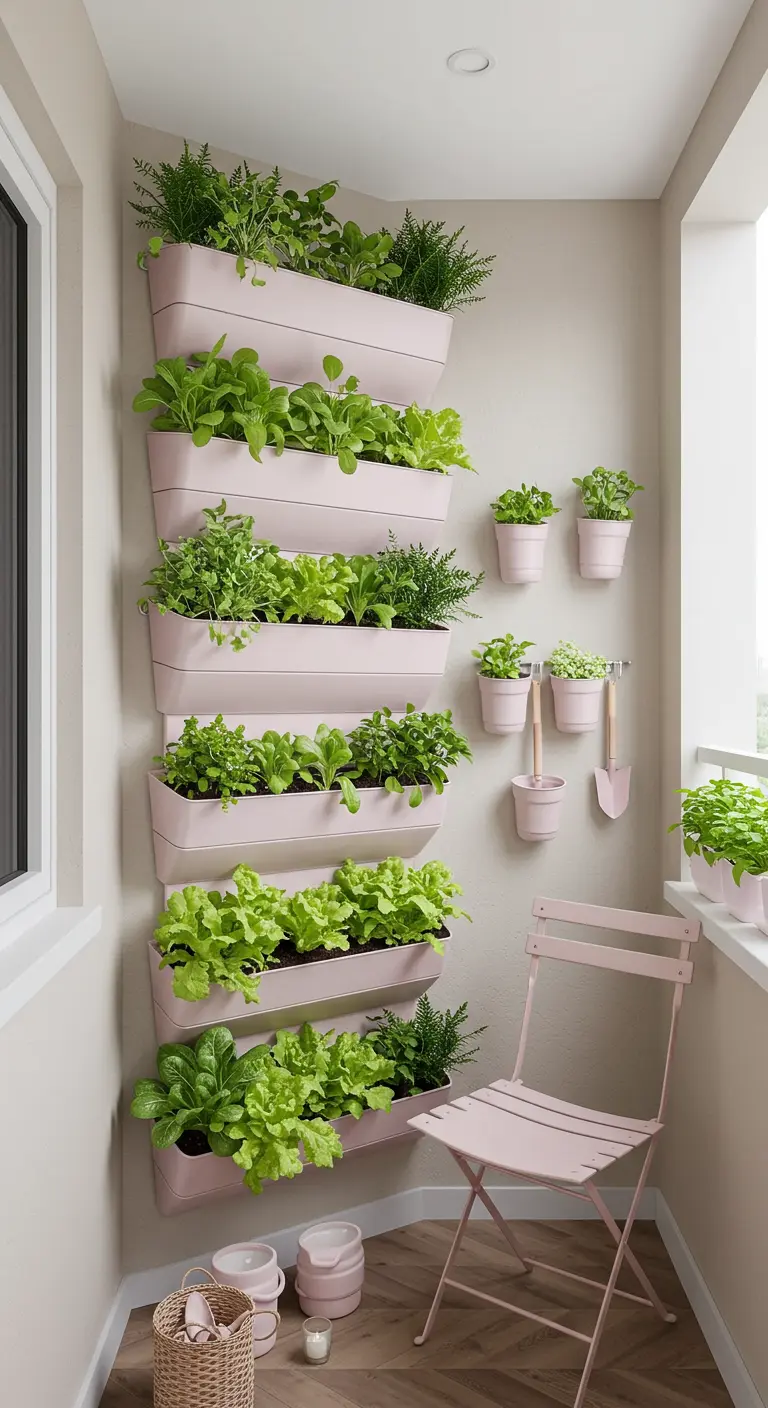 Wall-mounted tiered planters in pink growing salad greens and herbs.