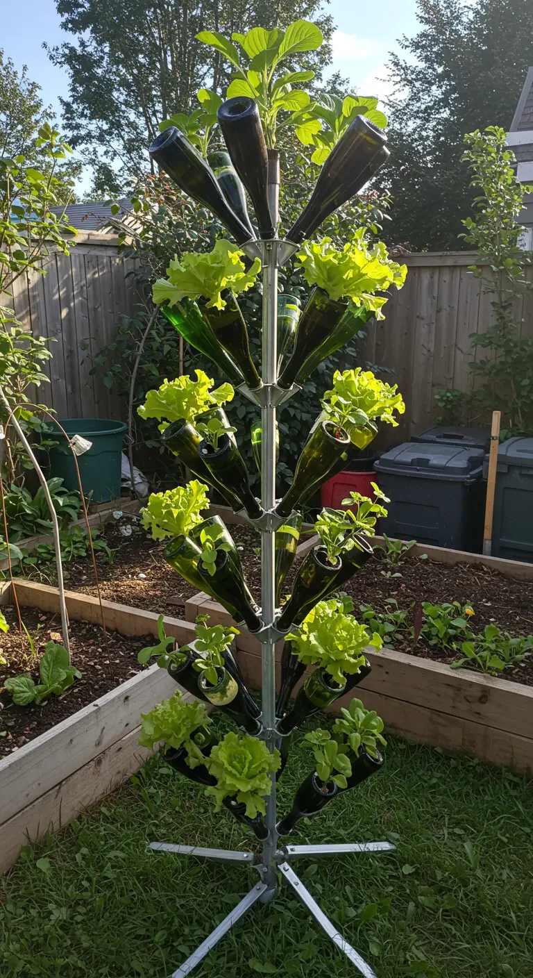 A freestanding bottle tree structure used to grow lettuce and greens.