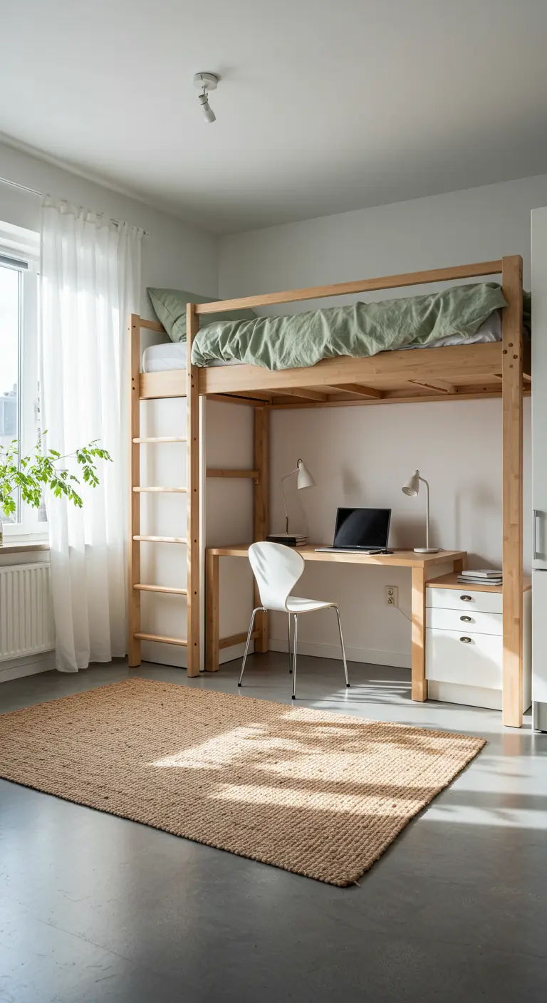 Light wood loft bed with a built-in desk in a tidy, modern room.