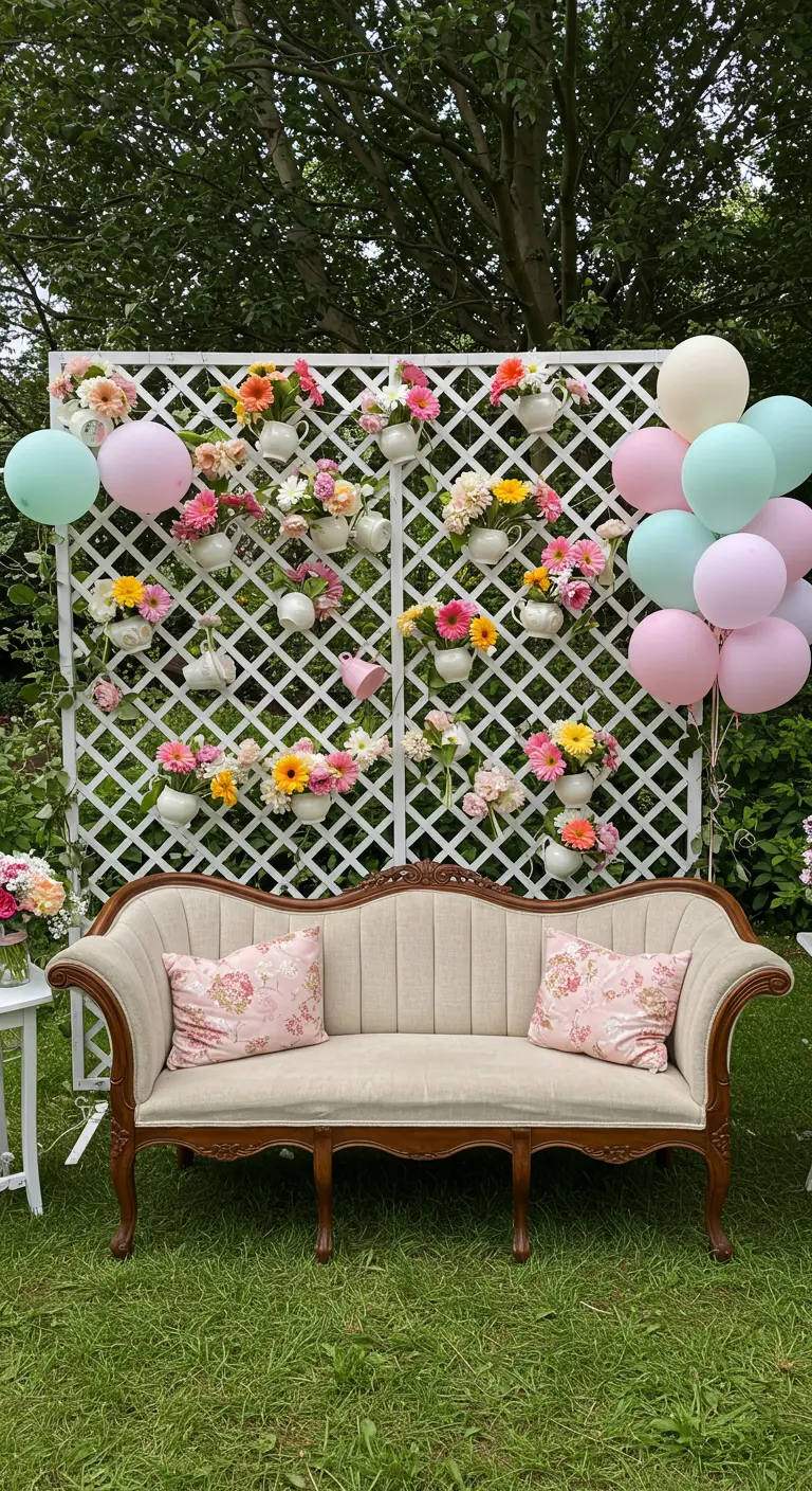 White lattice backdrop decorated with hanging teacups filled with flowers.