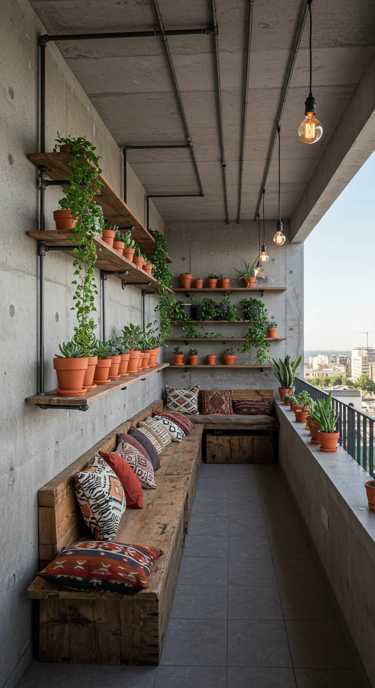Long balcony with industrial pipe shelves holding terracotta pots and a wooden bench with patterned pillows.