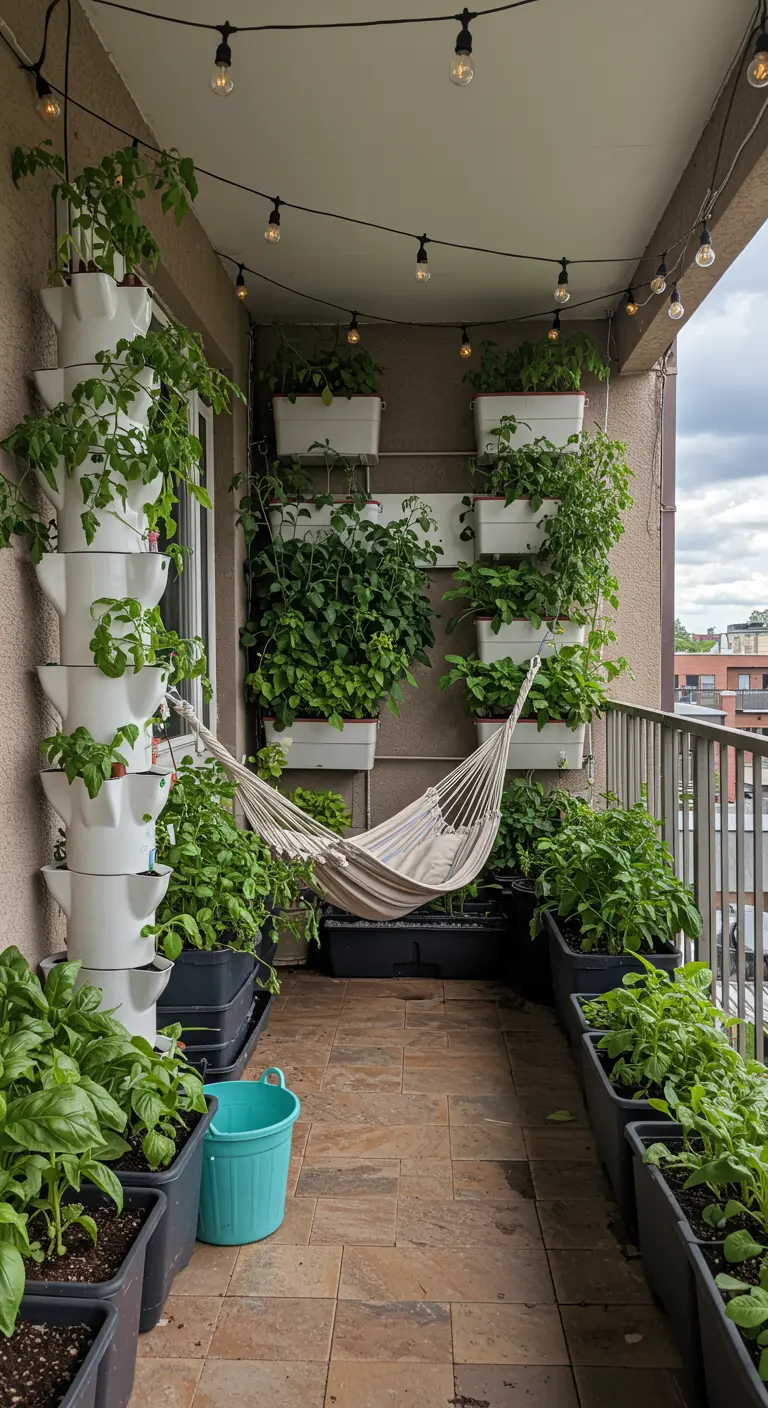 A balcony packed with edible plants in stacking planters and wall-mounted boxes, with a hammock nestled in.
