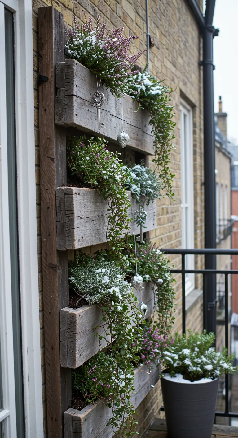 A vertical wooden wall planter with winter foliage, snow, and small silver ornaments.