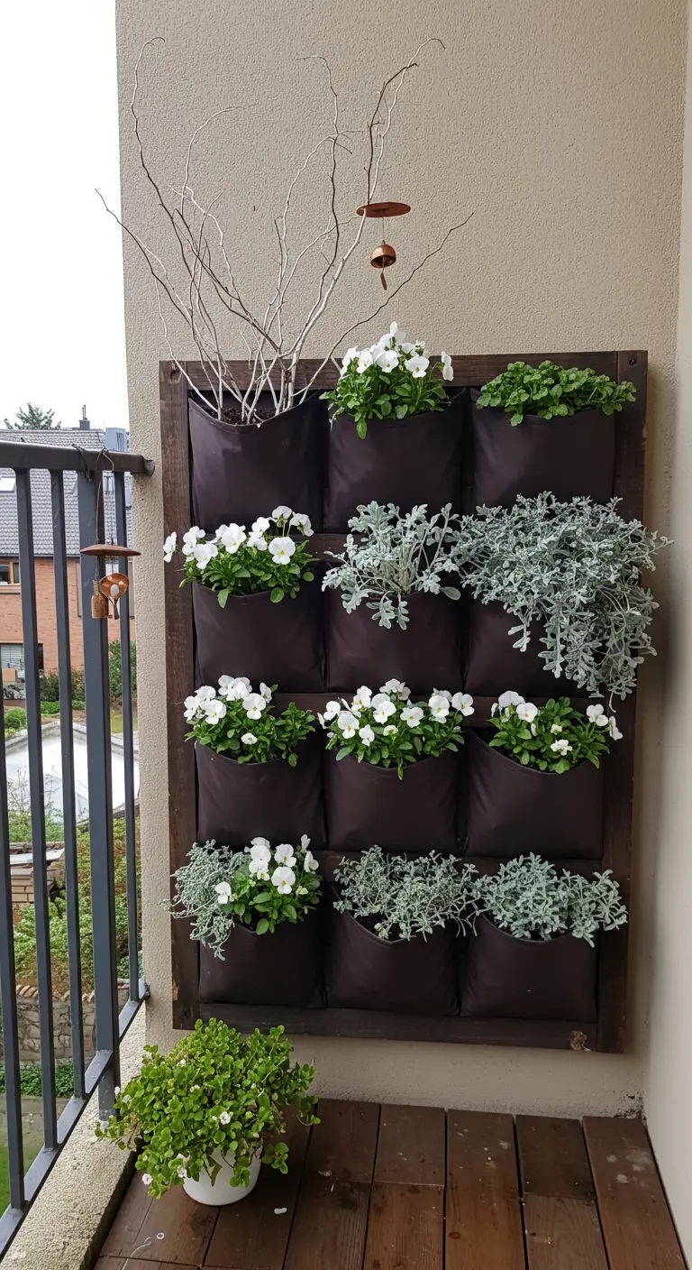 A vertical wall planter with alternating white violas, silver foliage, and bare branches.
