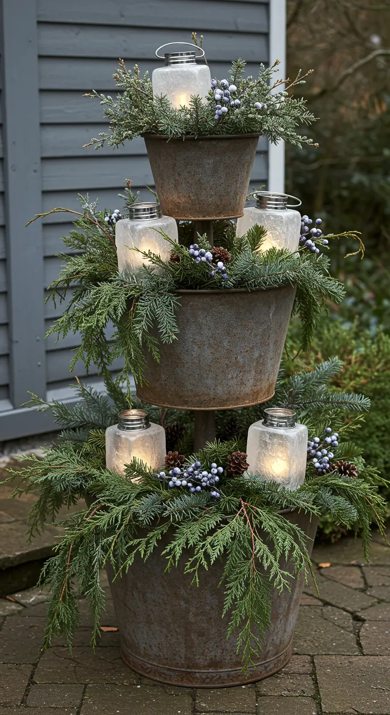 A three-tiered galvanized metal planter filled with winter greens and glowing lanterns.