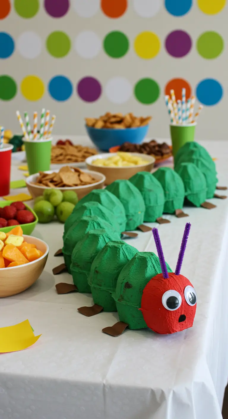 A hungry caterpillar craft made from a green egg carton winding through bowls of party snacks.