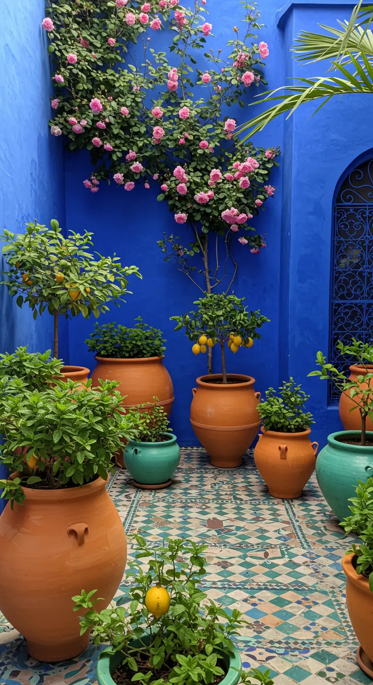 A vibrant courtyard with Majorelle Blue walls, terracotta pots with citrus trees, and mosaic floor.