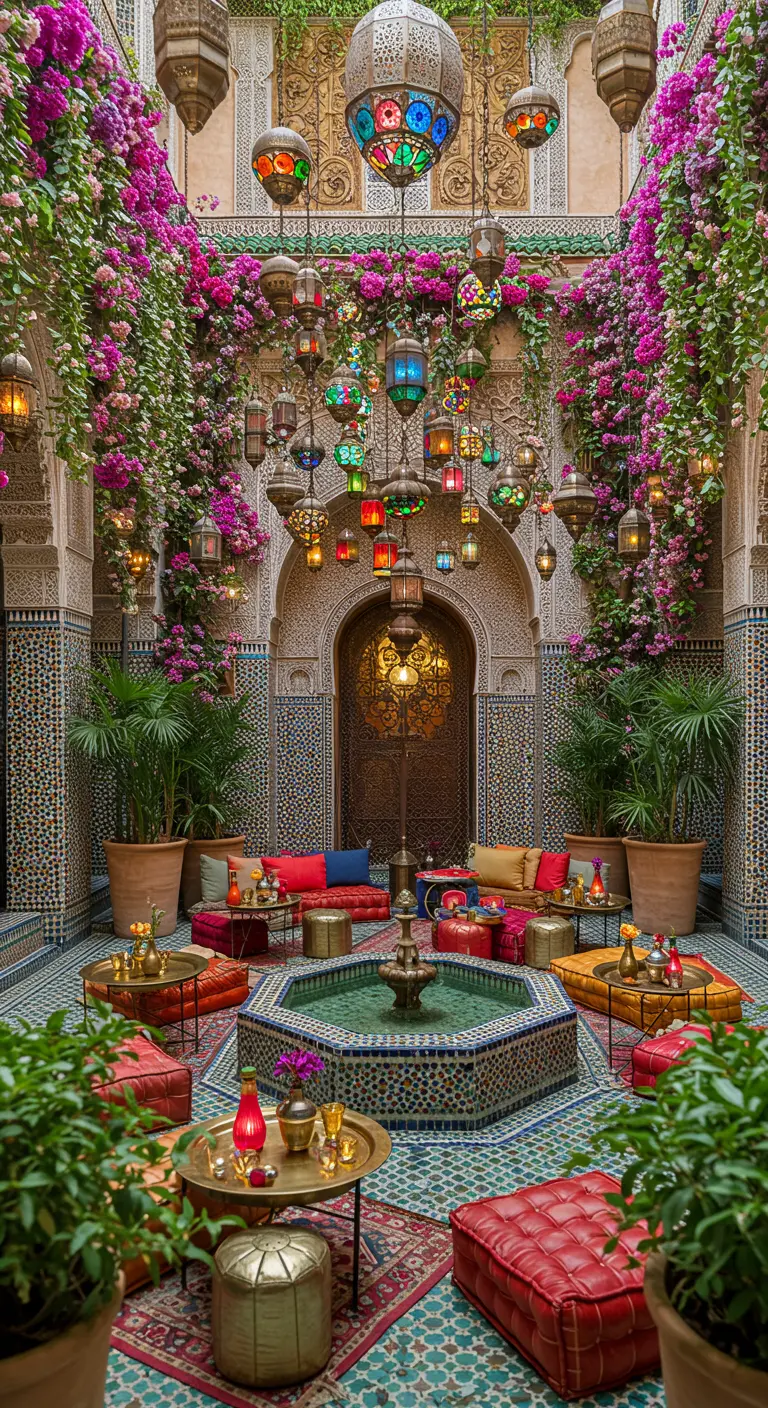 A colorful Moroccan courtyard with mosaic tiles, hanging lanterns, and lush climbing plants.