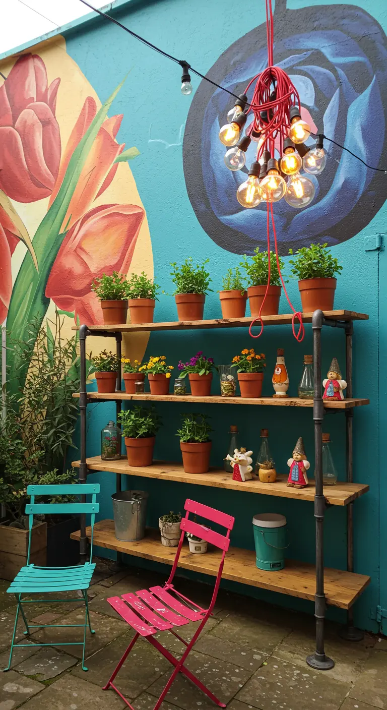 Industrial pipe shelf with potted plants set against a vibrant blue and orange floral wall mural.