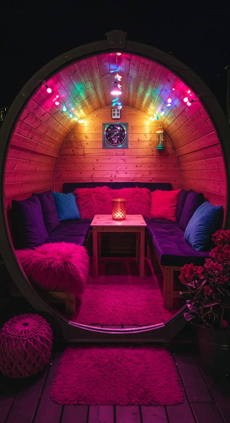 A wooden pod's interior lit with vibrant, multi-colored lights and filled with colorful cushions.