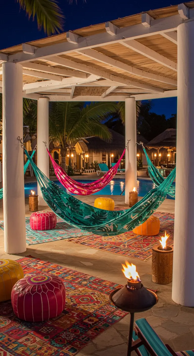 Colorful hammocks in turquoise and pink hung by a pool with bright Moroccan poufs and rugs.