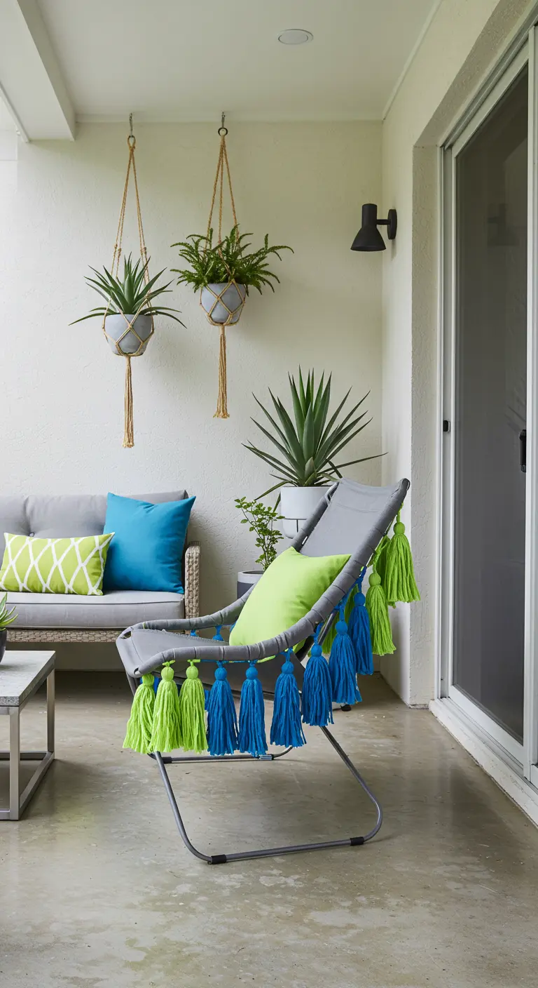 A simple grey outdoor lounge chair decorated with large, vibrant green and blue DIY tassels.