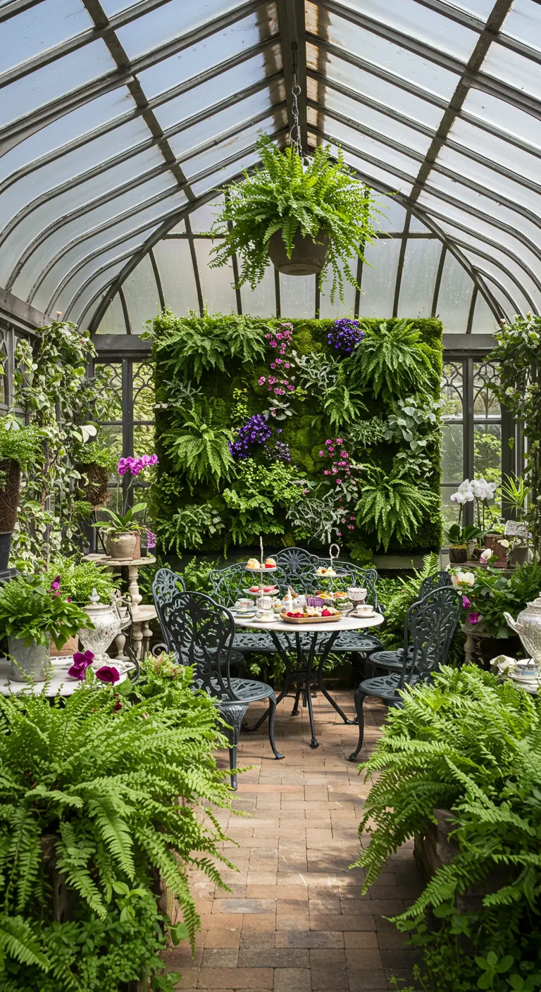 An elegant tea party set in a greenhouse with a living wall and wrought-iron furniture.