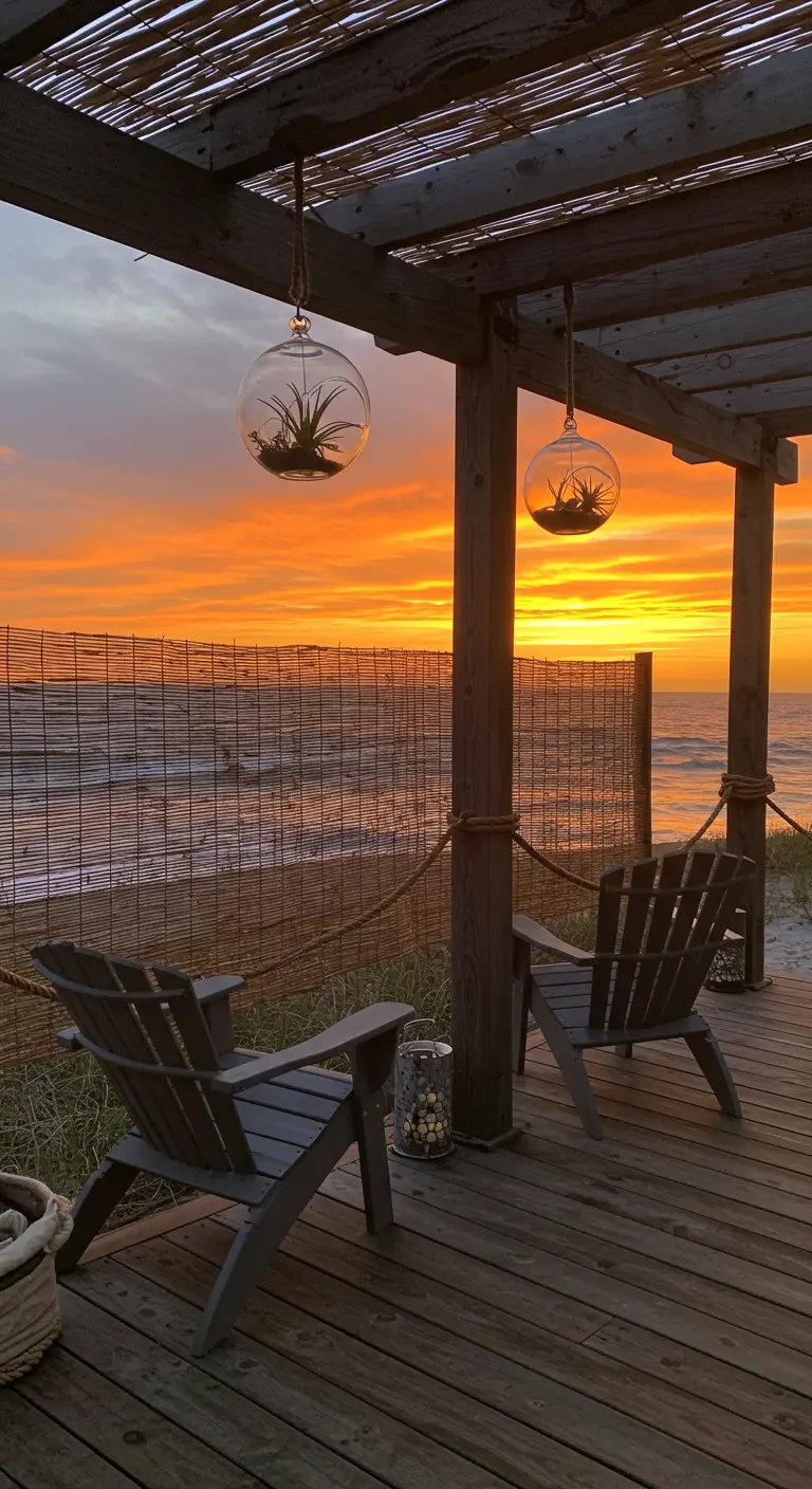 A beach deck at sunset with a low bamboo screen and two chairs looking out at the ocean.