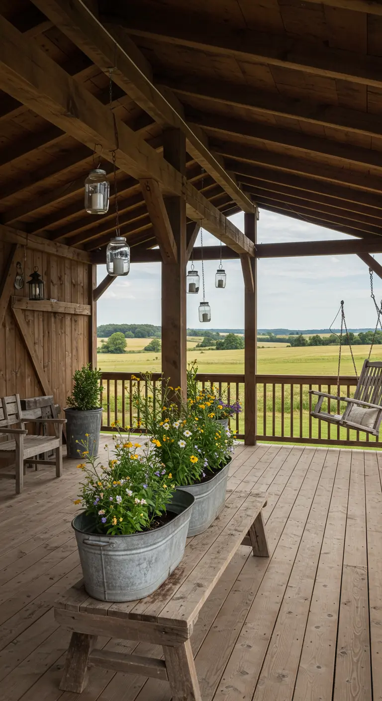 A spacious wooden porch with galvanized trough planters full of wildflowers on a long bench.