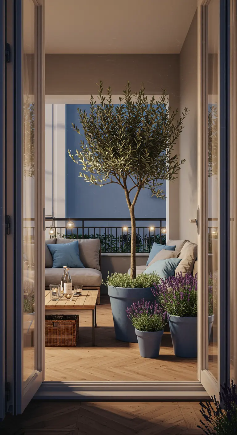 View from inside through open doors to a cozy, lit balcony with an olive tree.
