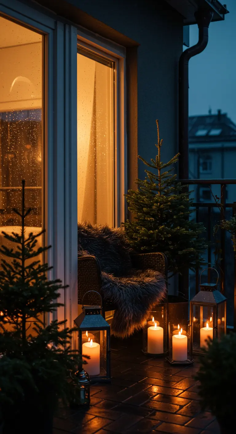 A cozy balcony with a wicker chair and lanterns viewed from inside on a rainy evening.