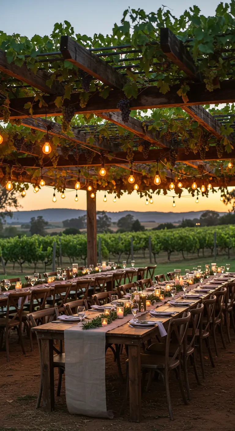 Long dining tables under a vine-covered pergola with string lights at a vineyard at sunset.