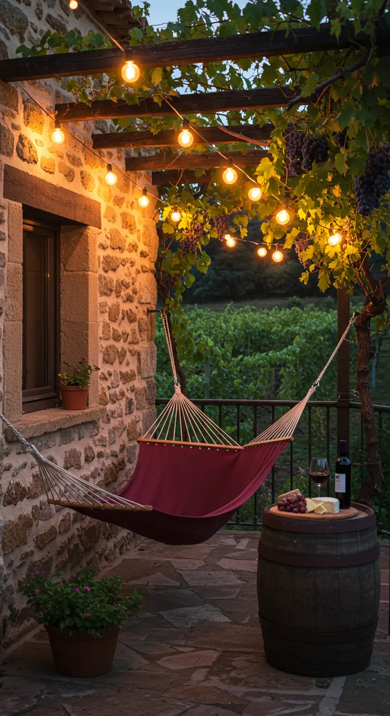A red hammock on a stone terrace under a grape-vine-covered pergola, with a wine barrel table.