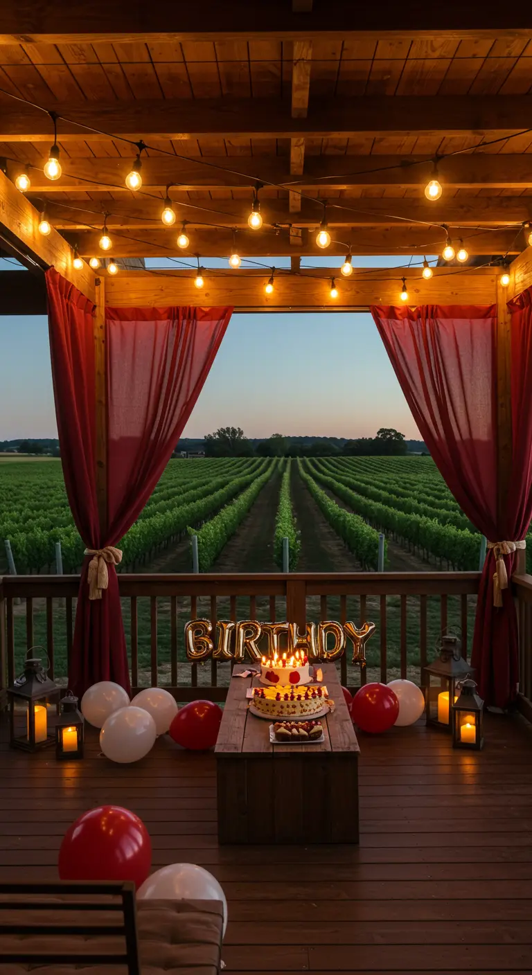 A birthday cake on a deck overlooking a vineyard, framed by red curtains and string lights.