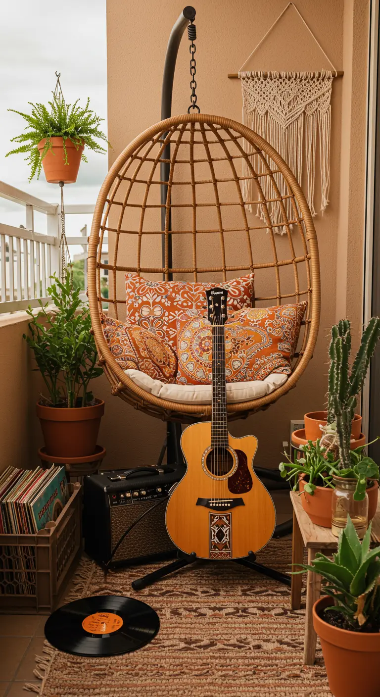 A balcony set up as a music corner with a guitar, amp, records, and a hanging chair.