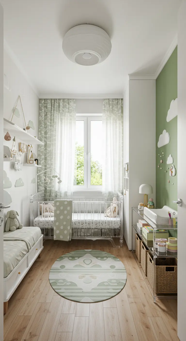 A bright nursery featuring a transparent acrylic crib and patterned sheer curtains.