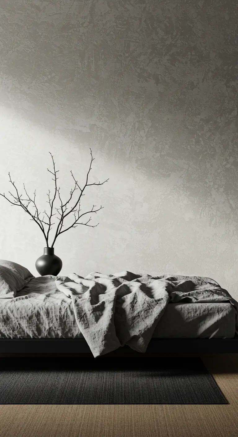 Minimalist gray bedroom with a textured plaster wall and a vase of bare branches on the bed.