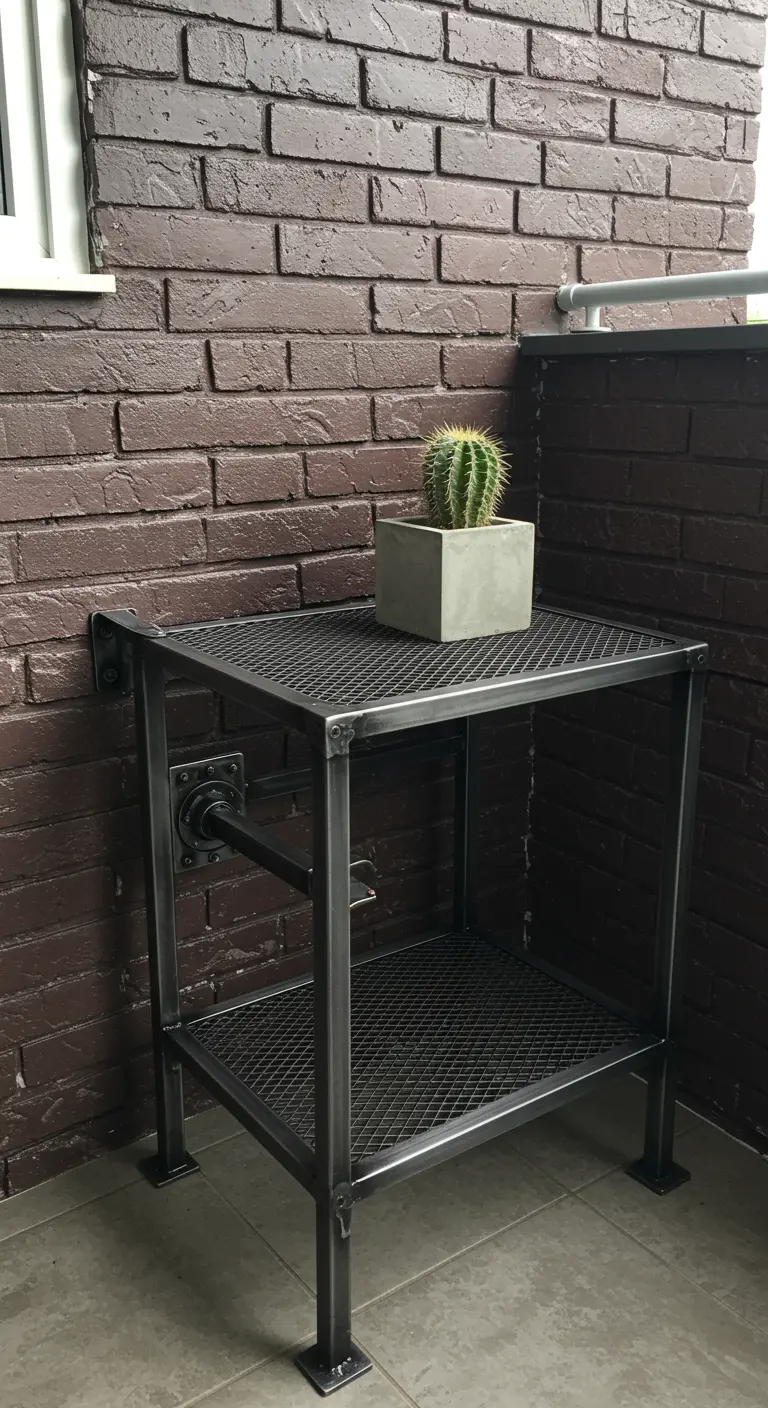 A wall-mounted, two-tiered industrial table made of metal mesh, against a dark brick wall.