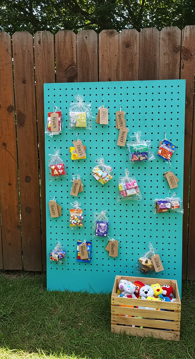 A teal pegboard leaning against a fence, displaying small bags of candy as prizes.